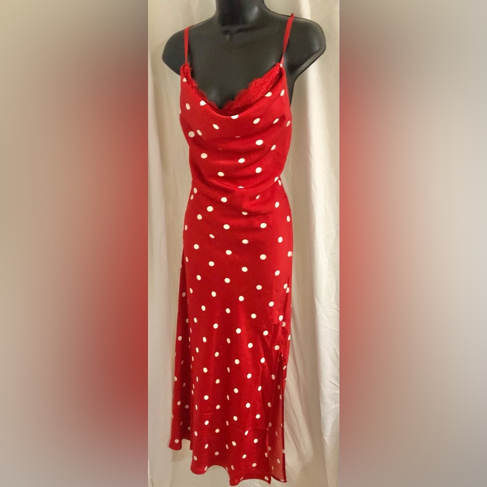 Jessica Simpson red white polka dot lace bra cowl neck maxi dress size medium - Picture 2 of 16